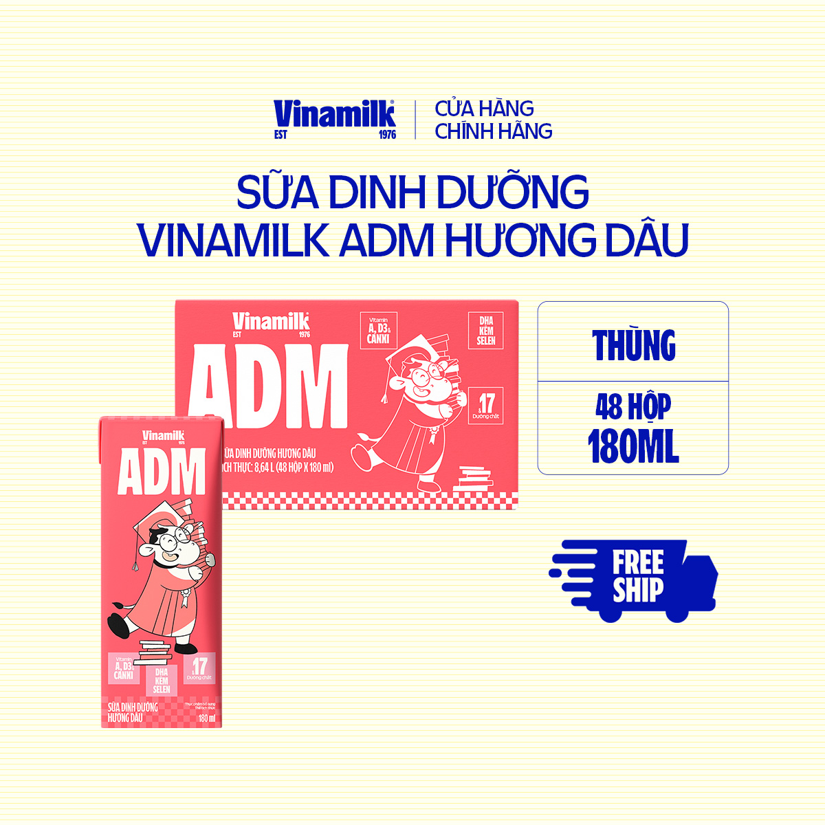 Thùng 48 Hộp sữa tiệt trùng Vinamilk ADM Gold IQ Hương dâu 180ml