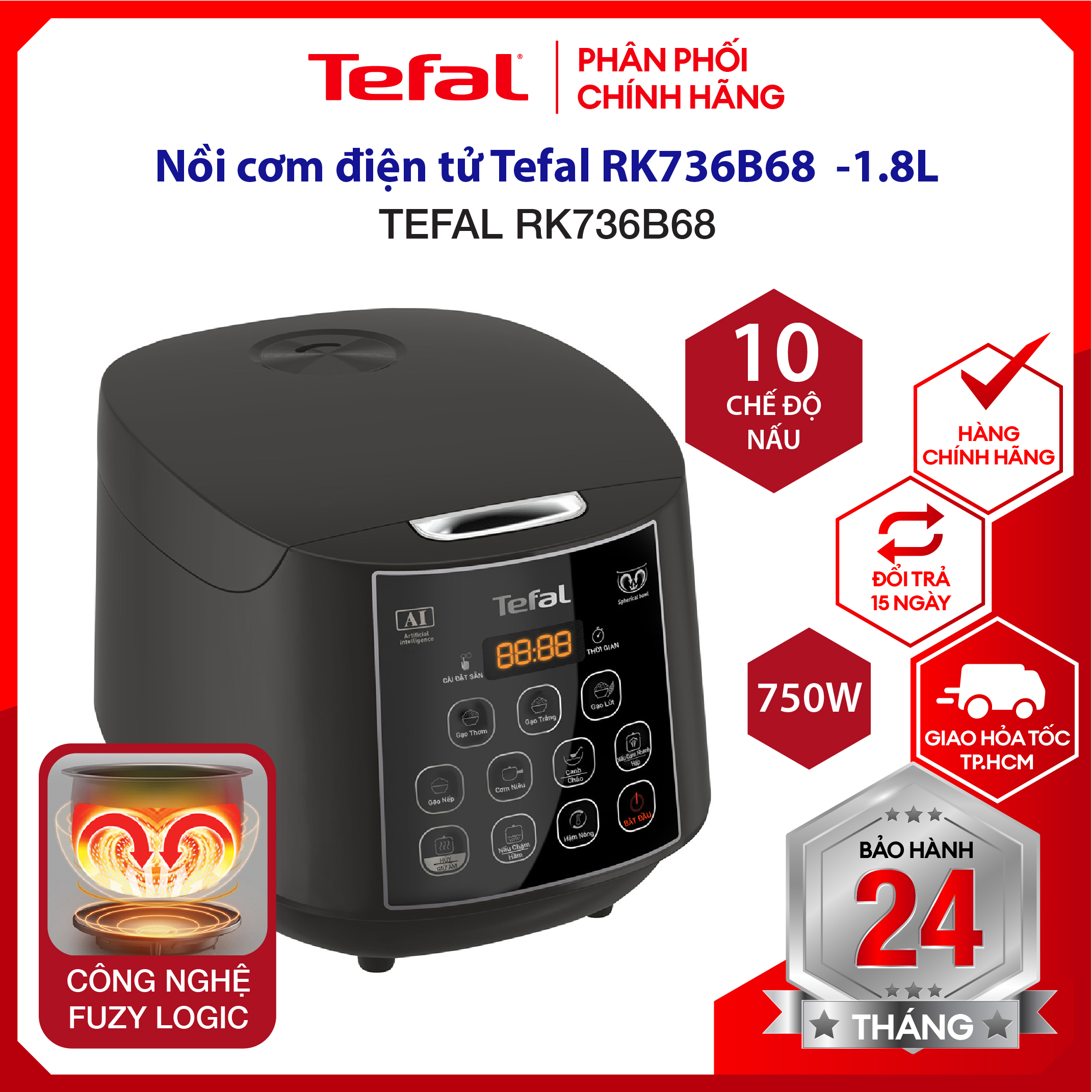 |HỎA TỐC 2H| Nồi cơm điện tử Tefal RK736B68 - Dung tích 1.8L lòng nồi niêu đặc biệt dày 2mm - Chế độ