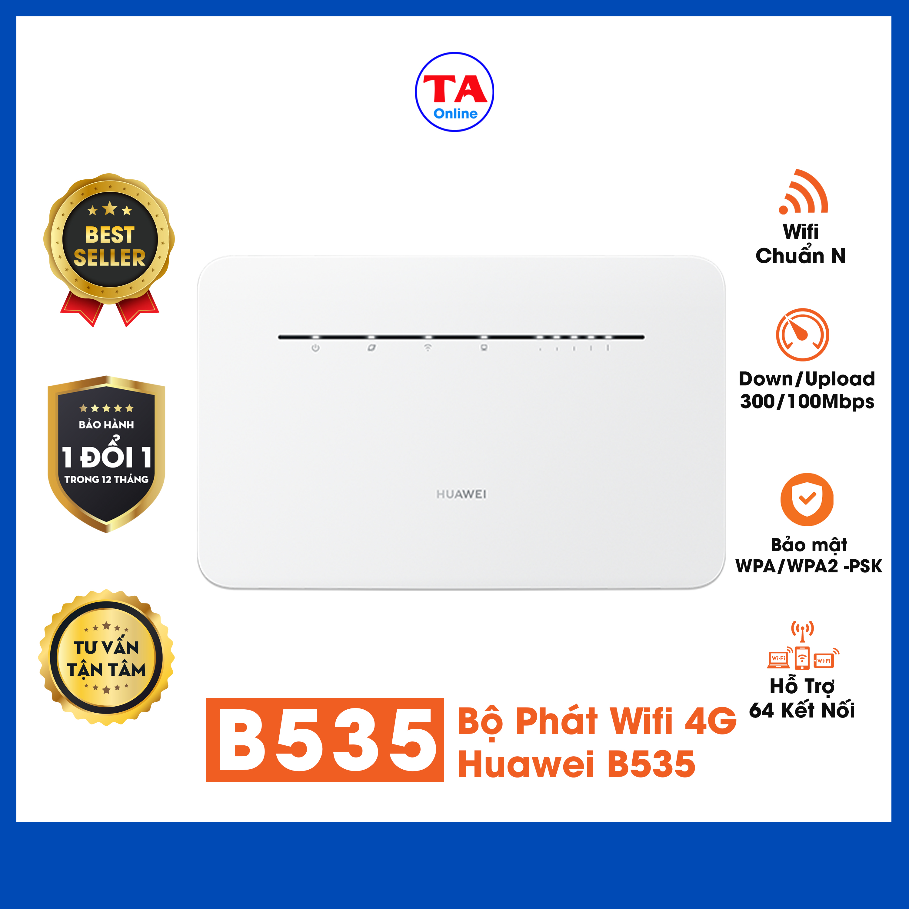 Bộ Phát Wifi 4G Huawei B535 Tốc Độ LTE 300Mbps Hỗ Trợ 64 Kết Nối