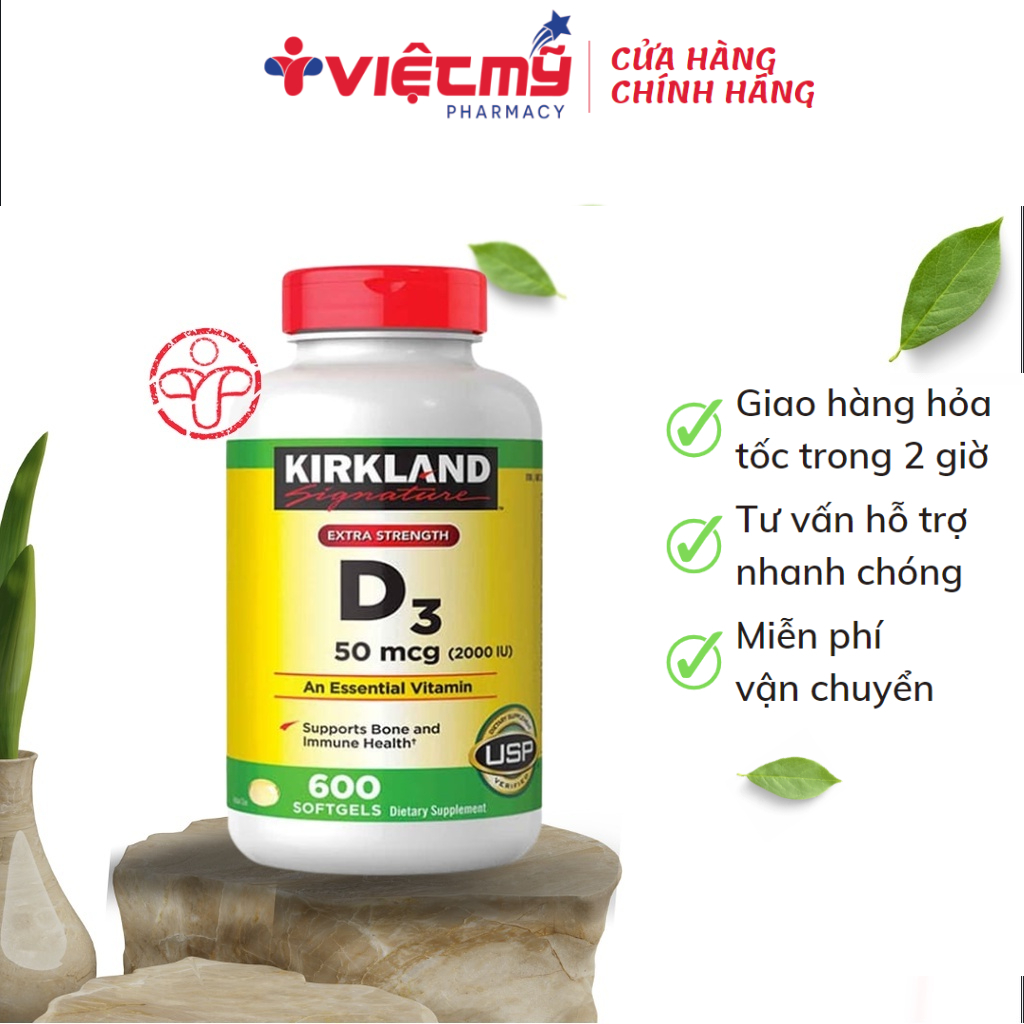 Viên uống bổ sung Vitamin D3 2000IU Kirkland giúp xương và răng chắc khỏe 600 viên Việt Mỹ Pharmacy