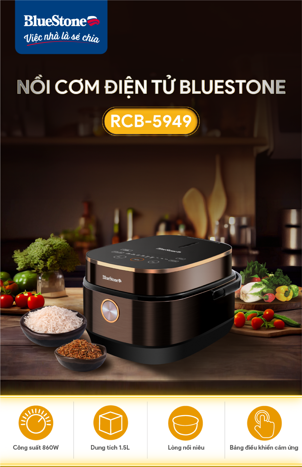 Nồi Cơm Điện Tử Lòng Niêu BlueStone RCB-5949 (1.5 Lít) - Phù hợp 4-6 Người - Bảo hành 2 năm - hàng c