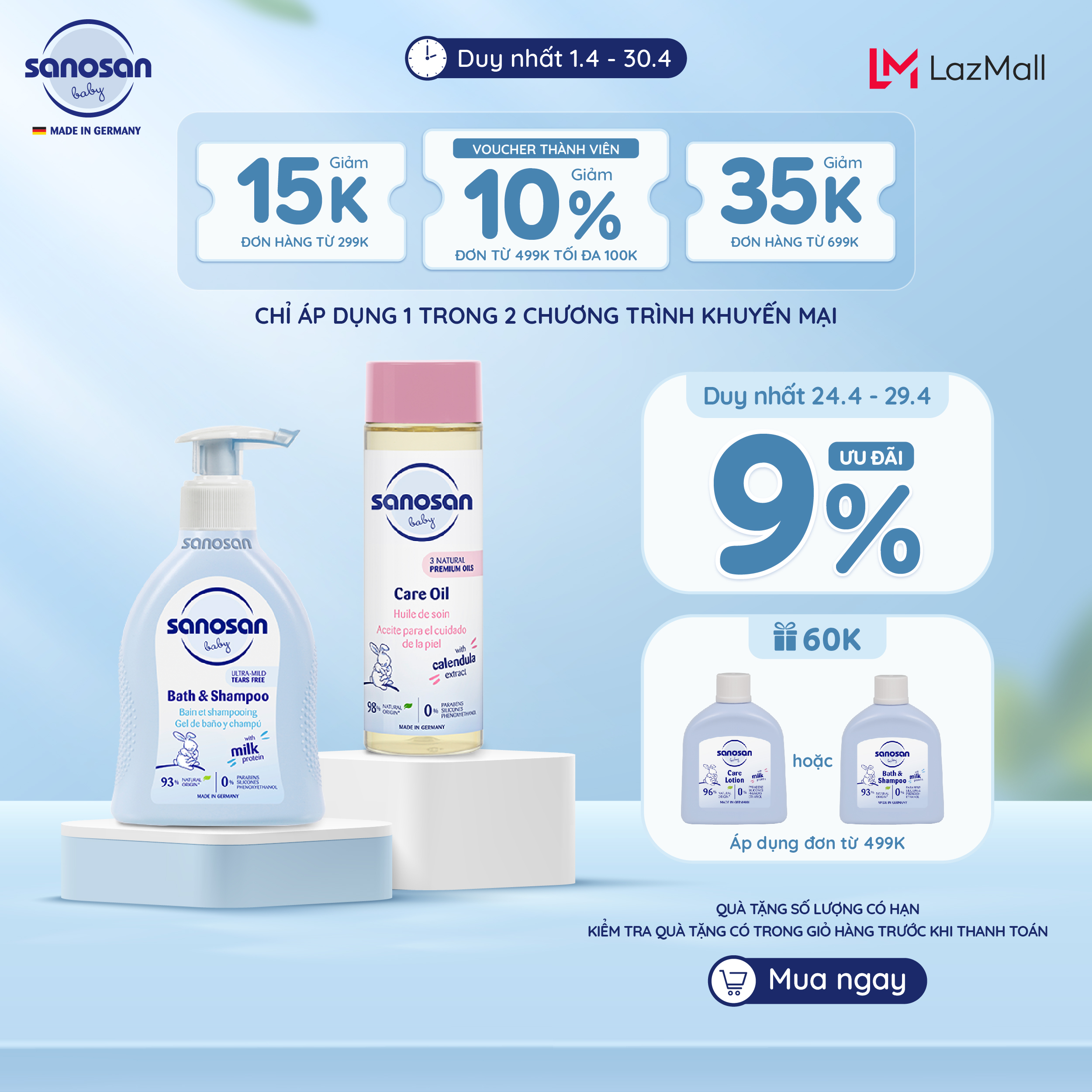 Combo 2  Sữa tắm gội Sanosan Baby bath and shampoo 200ml + Dầu mát-xa Sanosan Baby care oil 200ml (HSD T06/2025)