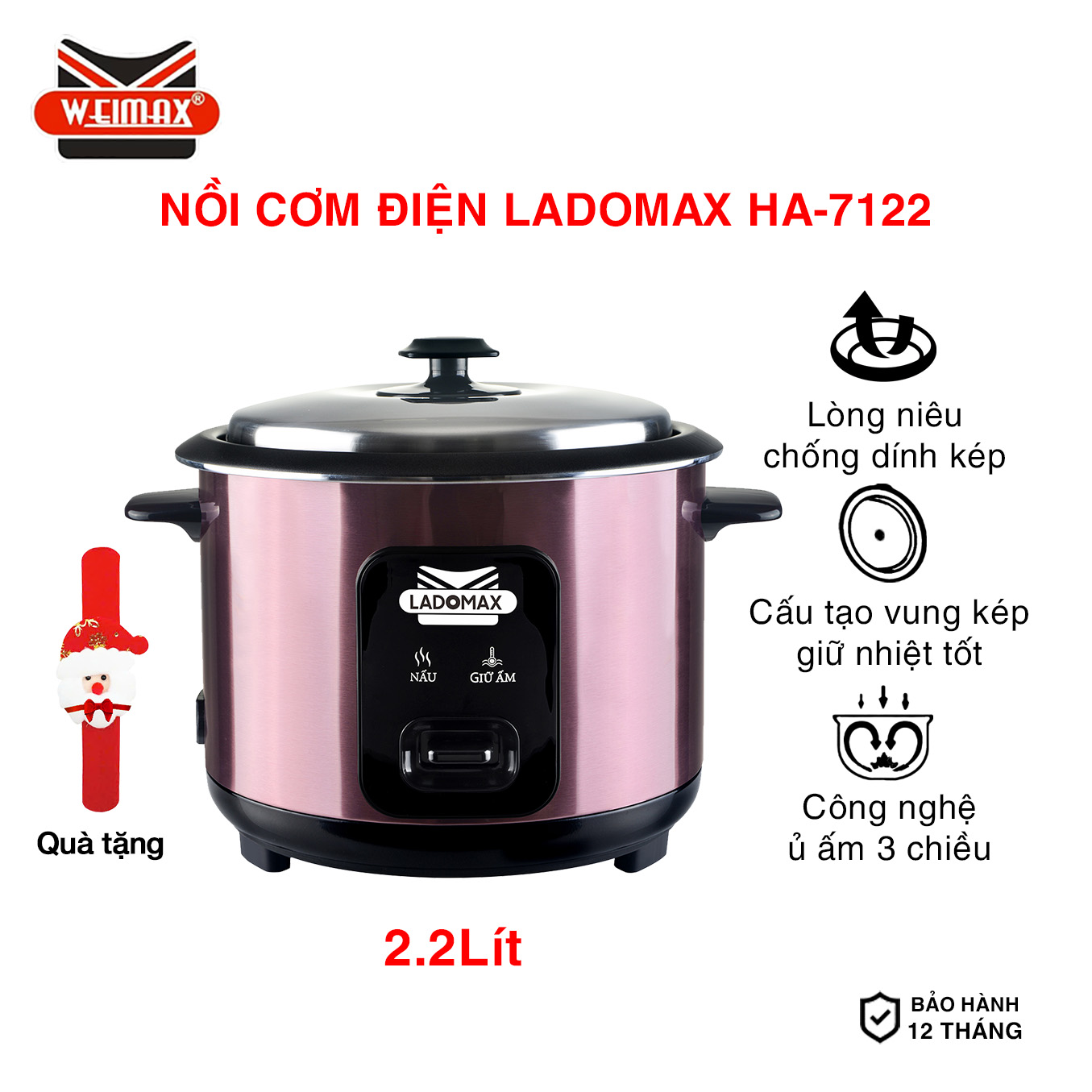 Nồi cơm điện nắp rời Ladomax HA-7122 dung tích 2.2Lít thân nồi inox lòng nhôm phủ men chống dính cao