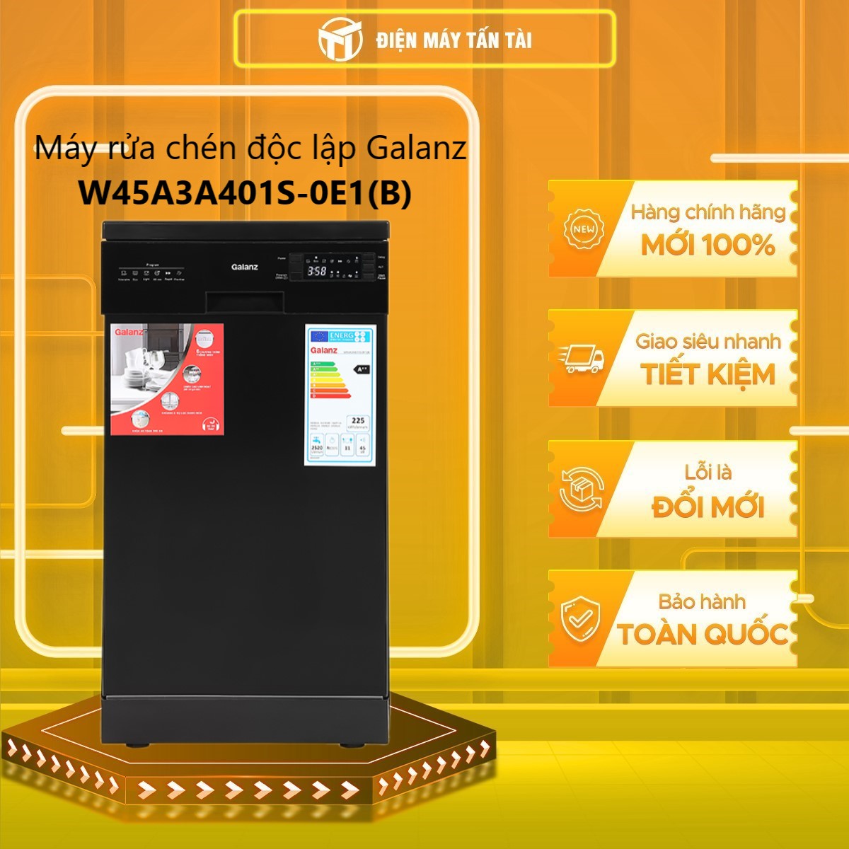 Máy rửa chén độc lập Galanz W45A3A401S-0E1(B) - 11 bộ, màu đen, kích thước 488x875x635mm