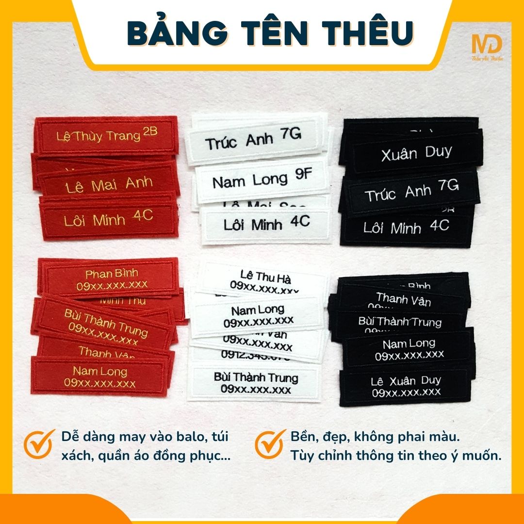 Combo 3 bảng tên thêu theo yêu cầu nametag thêu tên tag tên sticker thêu tên gắn vào quần áo đồng ph