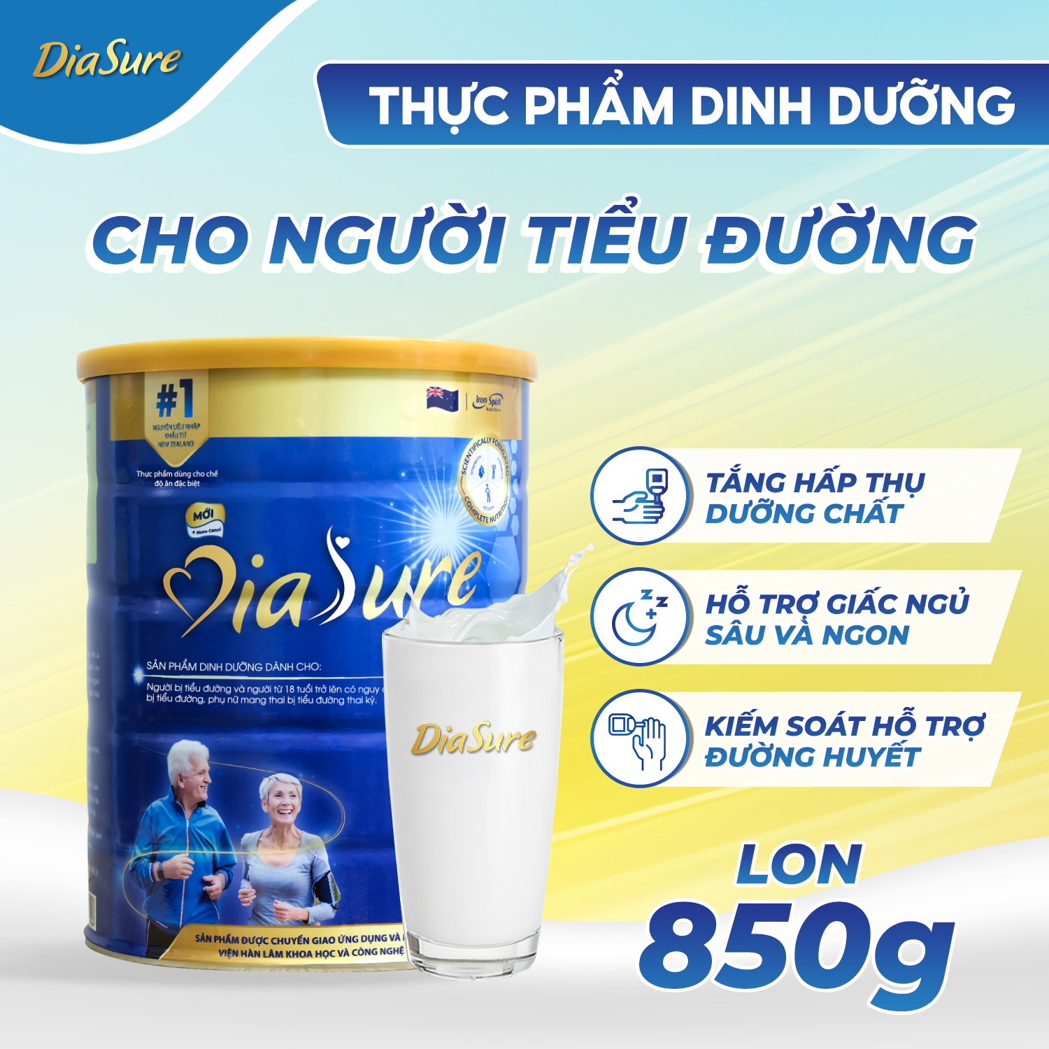 Thức Uống Dinh Dưỡng Diasure 850G bổ sung thêm Nano Canxi Omega3 Protein HMB - Sữa chuyên dùng cho người tiểu đường
