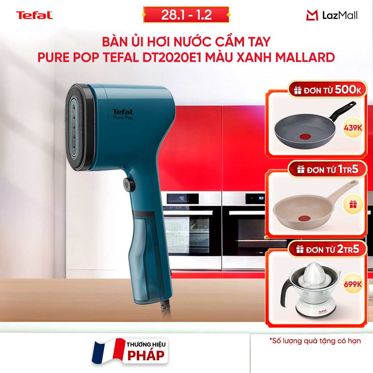 Bàn ủi hơi nước cầm tay Tefal DT2020E1 Xanh Mallard - Dung lượng 70ml, Khởi động nhanh 15s
