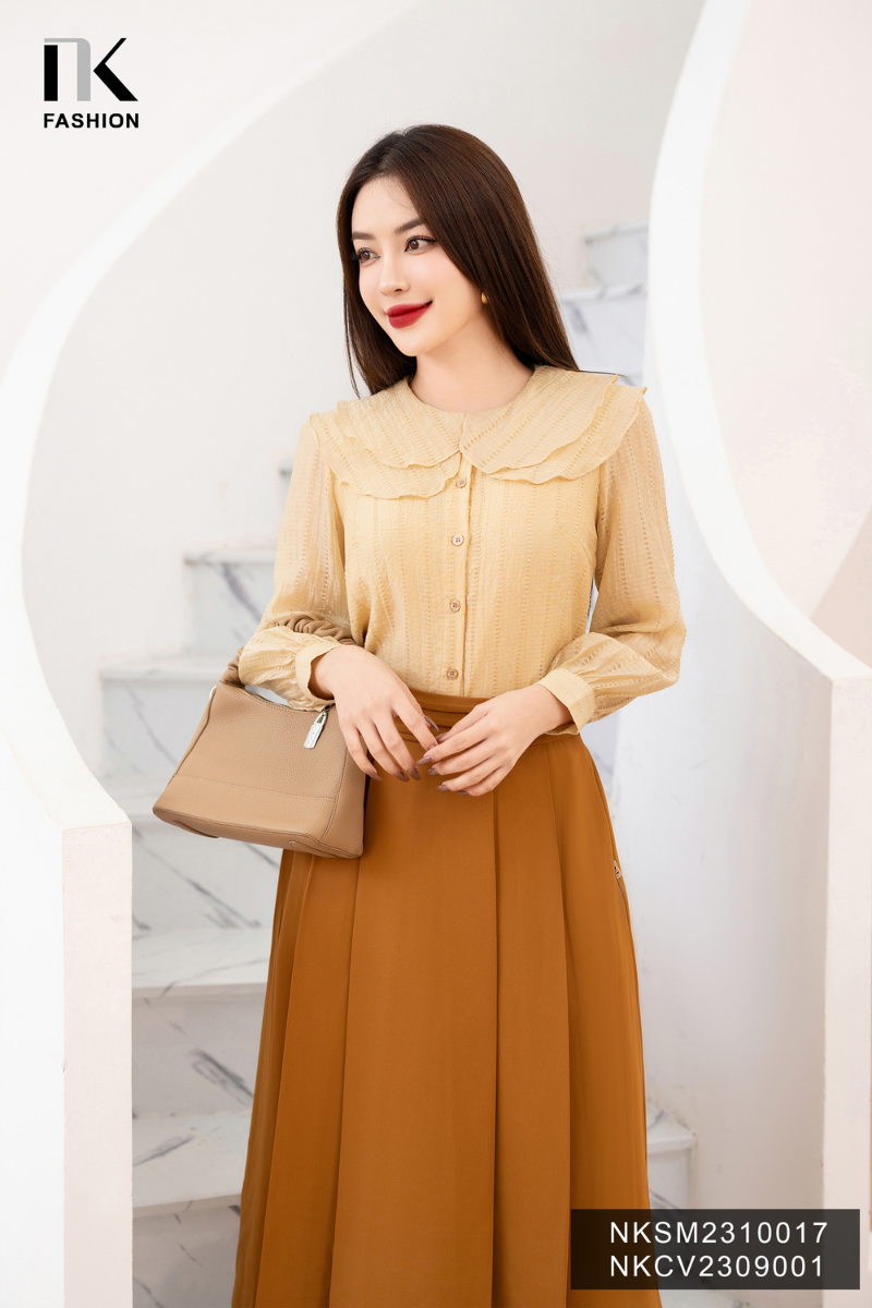 Áo Sơ Mi Tổ Ong Cổ Tròn Bèo Tầng NK Fashion Thời Trang Công Sở Nữ Thanh Lịch Thiết Kế Hàn Quốc Vải M