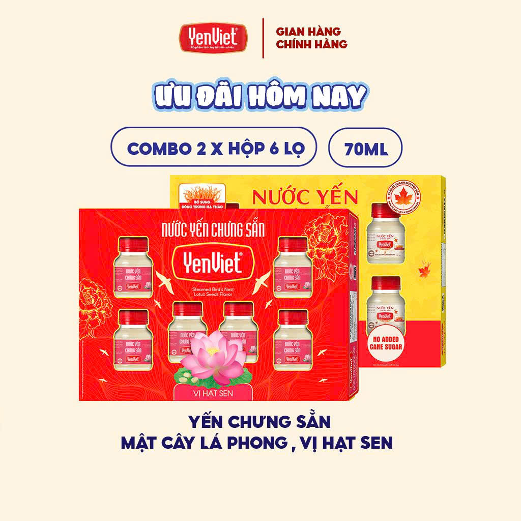 Kèm túi giấy - Combo 2 hộp quà tặng nước yến sào chưng sẵn Yến Việt nước yến nguyên chất nhiều vị 12 lọ x 70ml
