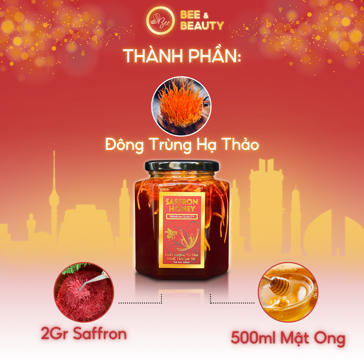 Saffron Ngâm Mật Ong Đông Trùng Hạ Thảo BeeBeauty chính hãng giúp ngủ ngon sâu giấc