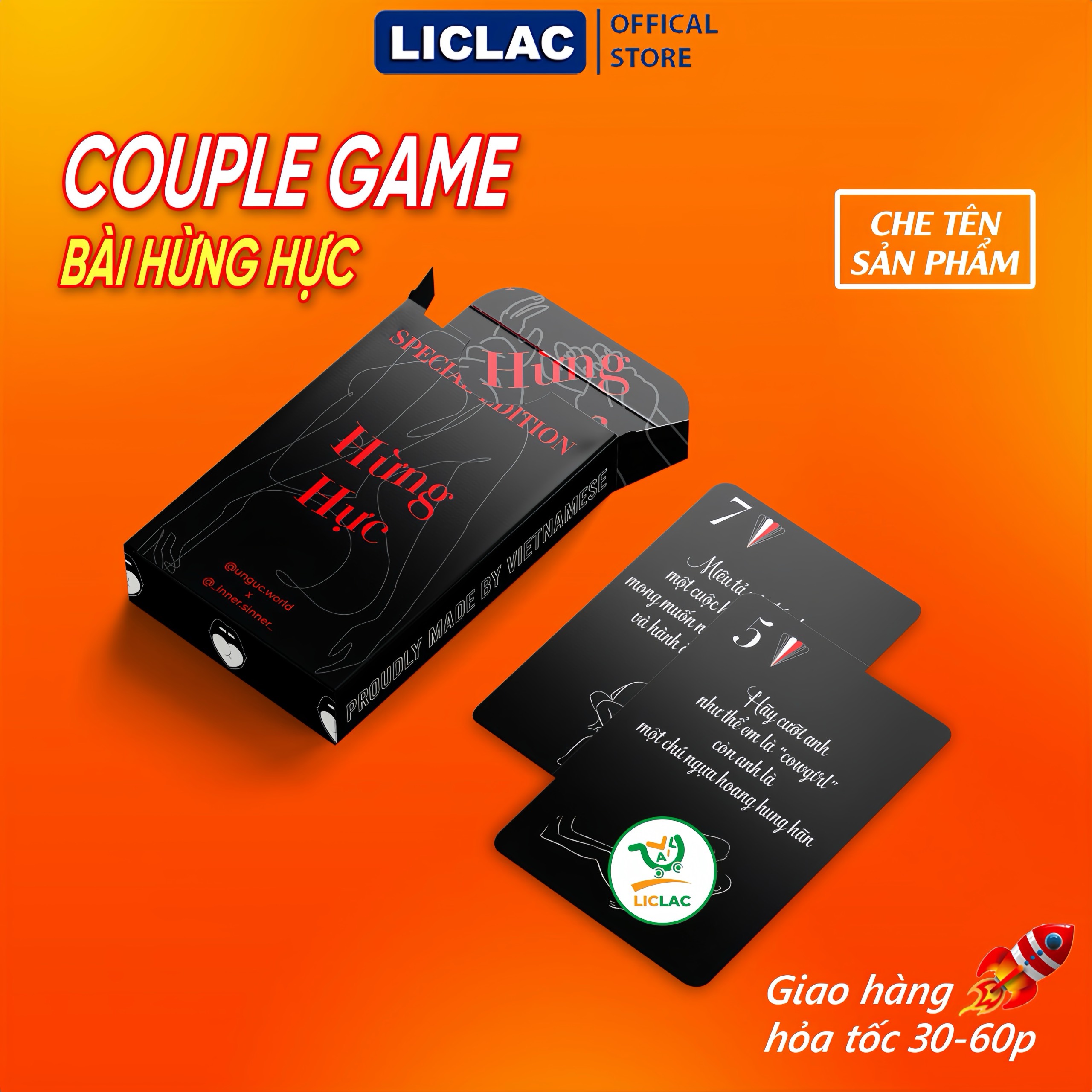 (Che Tên) Bộ bài tình yêu Hừng Hực 57 lá cho cặp đôi gồm 52 Lá Tư Thế Mệnh Lệnh Tình Ái và 5 Lá Đặc 