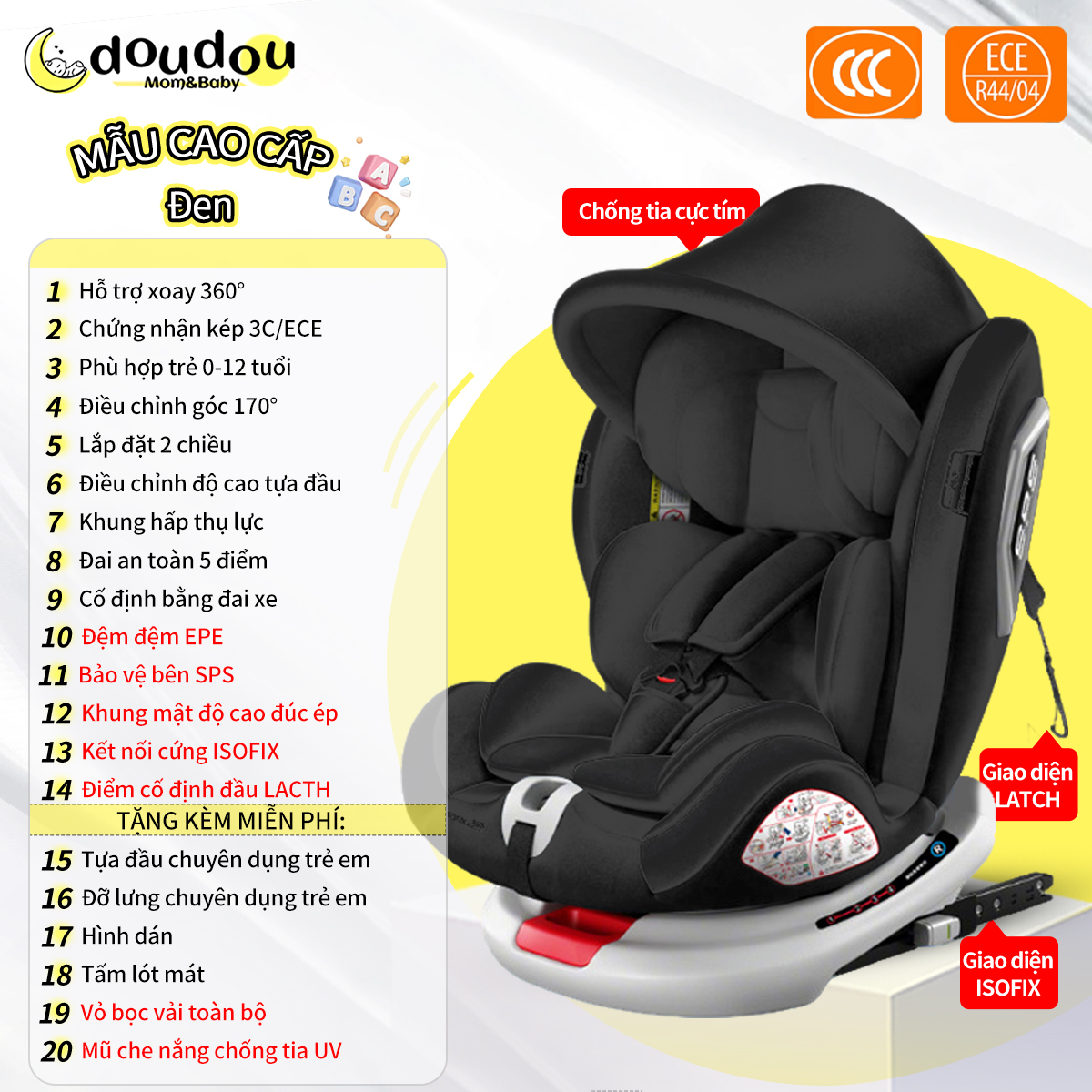 Ghế Ngồi Ô Tô Cho Bé Có Khóa Chốt An Toàn Ghế An Toàn Cho Trẻ Em ISOFIX+LACTH Cố Định
