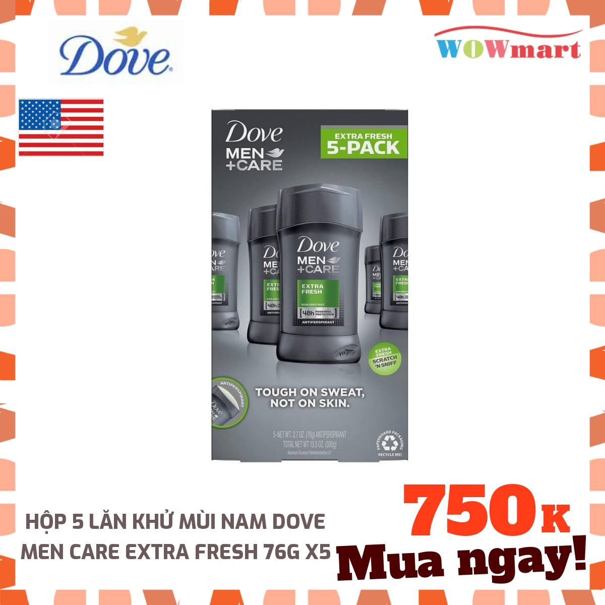 [Hcm]Hộp 5 Lăn Khử Mùi Nam Dove Men Care Extra Fresh 76G X5 - Mỹ