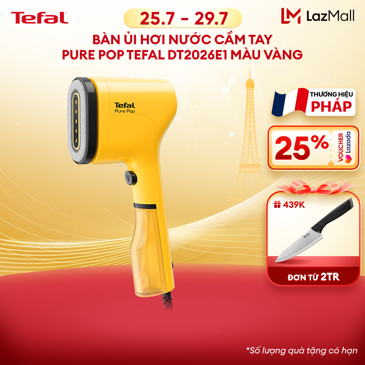 Bàn ủi hơi nước cầm tay Tefal DT2026E1 Vàng - 70 ml, 1300 W, màu vàng chanh