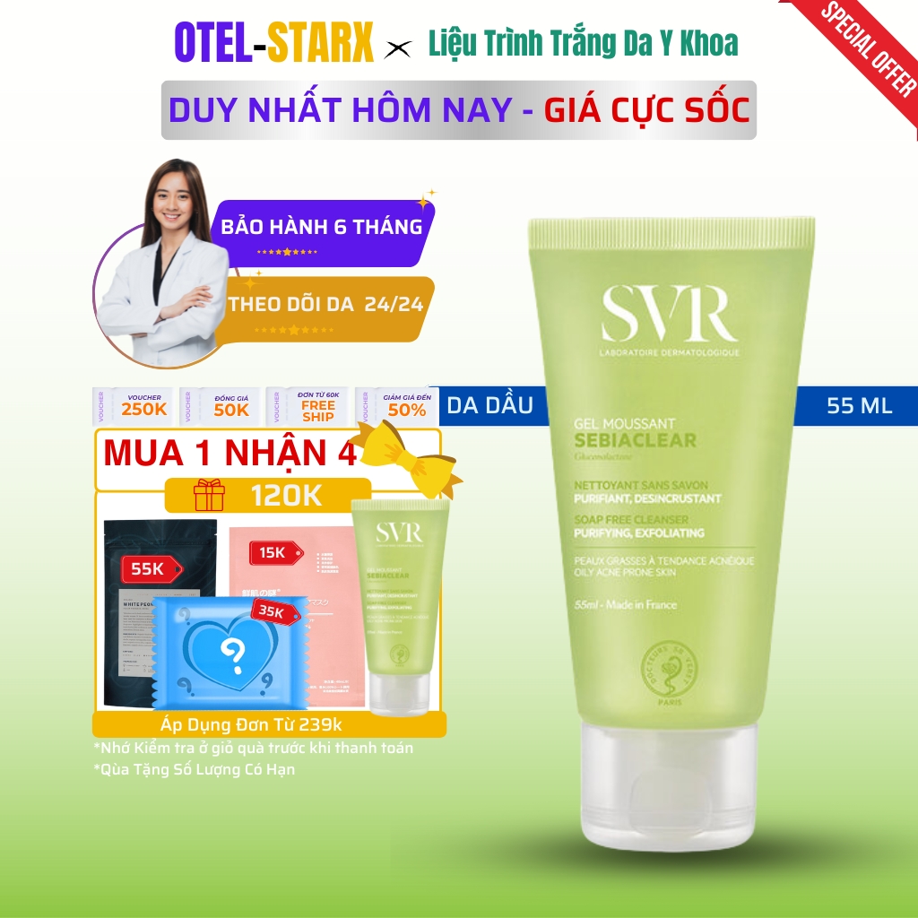 Gel Rửa Mặt SVR Không Chứa Xà Phòng Da Dầu Mụn Kiểm Soát Nhờn 400ml  OTEL STARX OVR-CS400 Sebiaclear