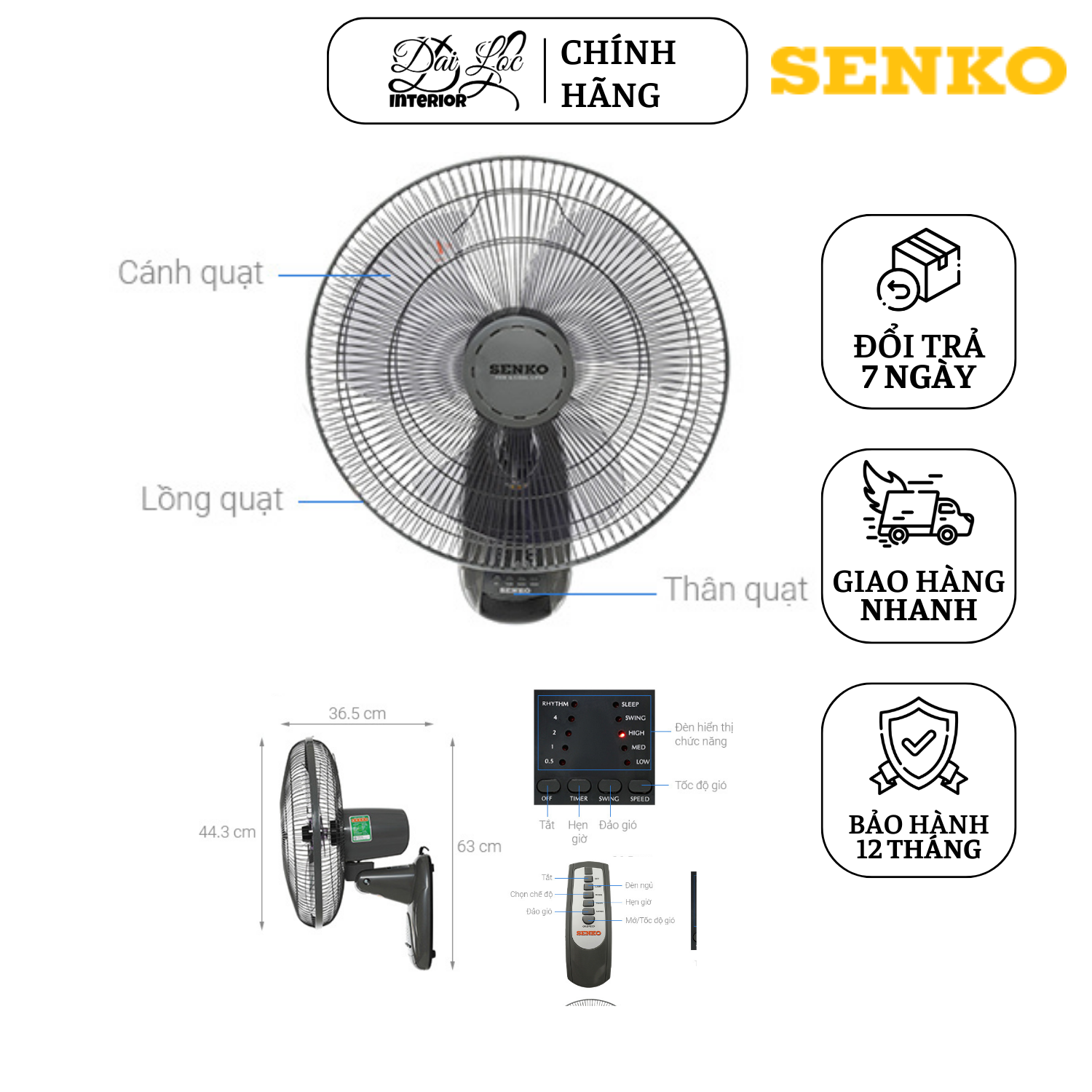 Quạt Treo Tường Senko TR1628 Chính Hãng & Điều Khiển Từ Xa