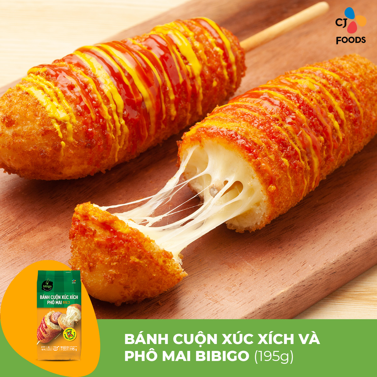 [HN-HCM] Bánh cuộn xúc xích phô mai Bibigo (03 cây Hotdog Hàn Quốc) - Gói 195g