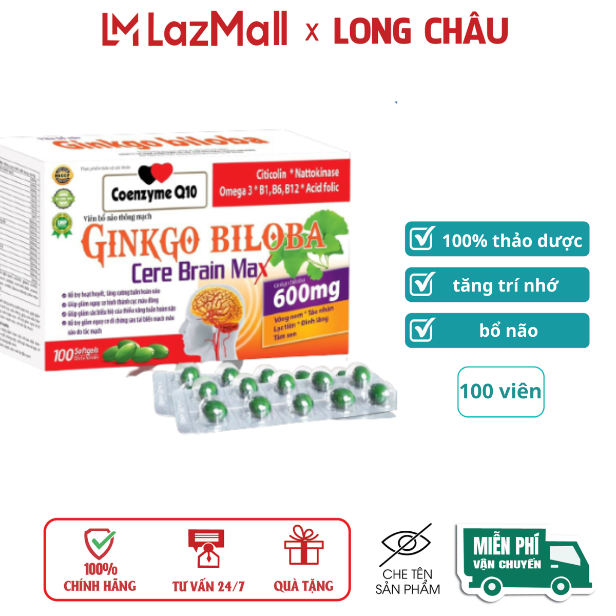 viên uống bổ não Ginko omega 3 with coenzym giúp giảm giảm đau dầu chống tai biến tăg trí nhớ – Hộp 