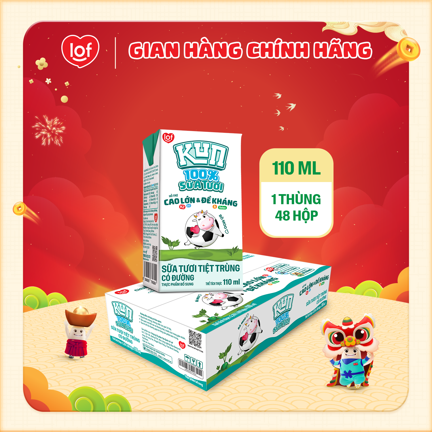 100% sữa tươi KUN có đường thùng 48 hộp x 110ml