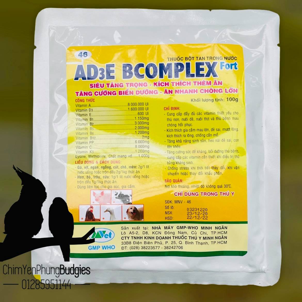 2 gói Vitamin AD3E Bcomplex cho vật nuôi tăng trọng kích thích thèm ăn.