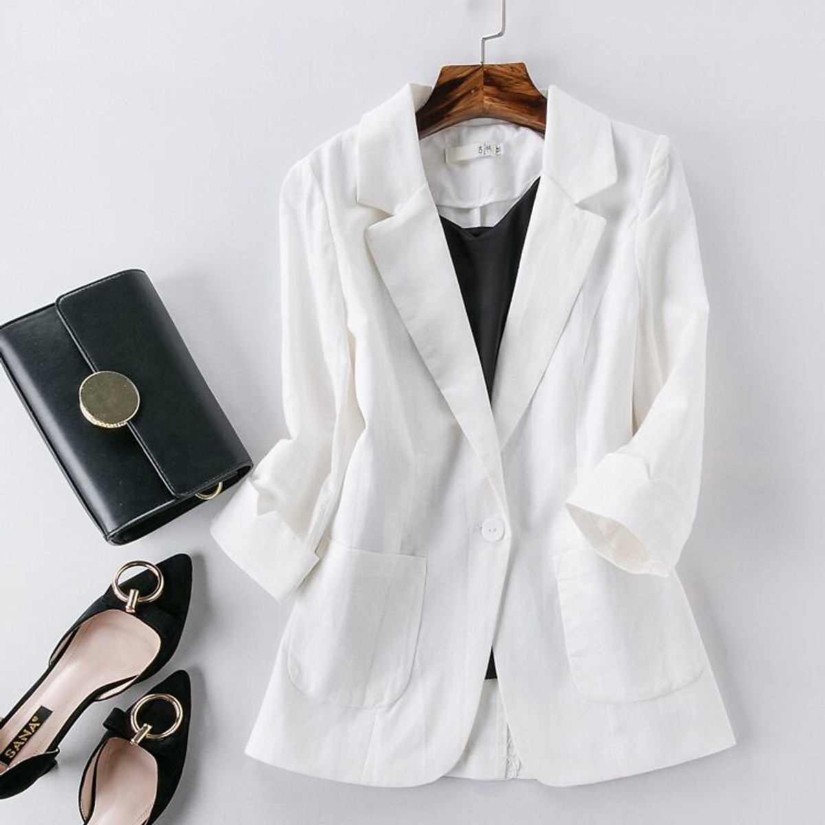 Áo khoác vest blazer nữ tay lỡ sắn túi hộp chất vải Linen thô Prenium (Xanh cốm) có 5 màu lựa chọn