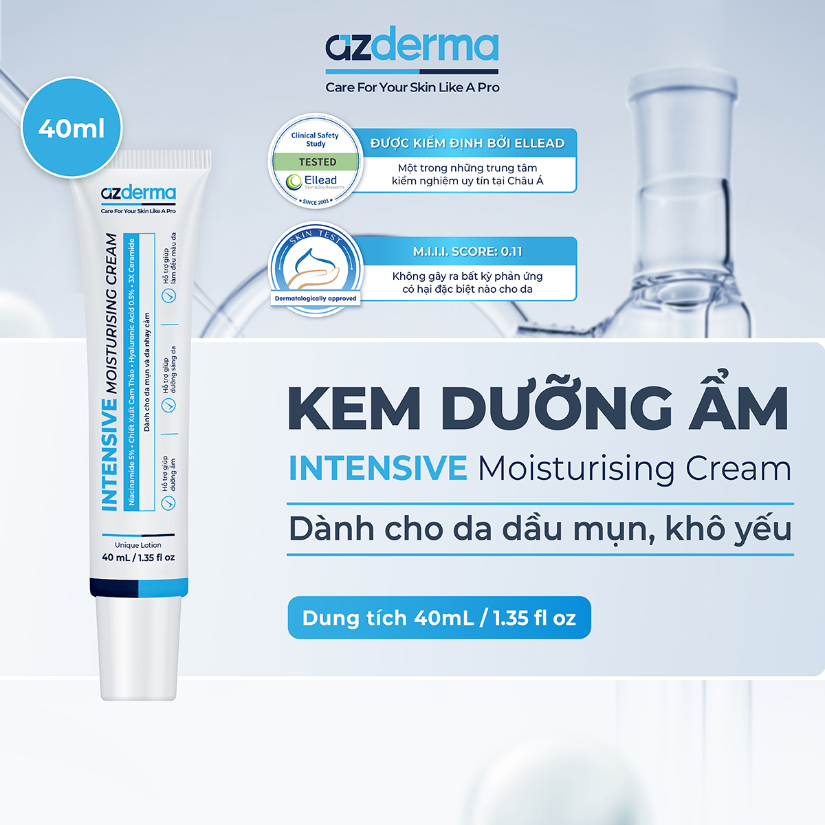 Kem dưỡng ẩm Intensive Moisturising Cream Azderma 40ml hỗ trợ giúp dưỡng ẩm đều màu da và giúp làn