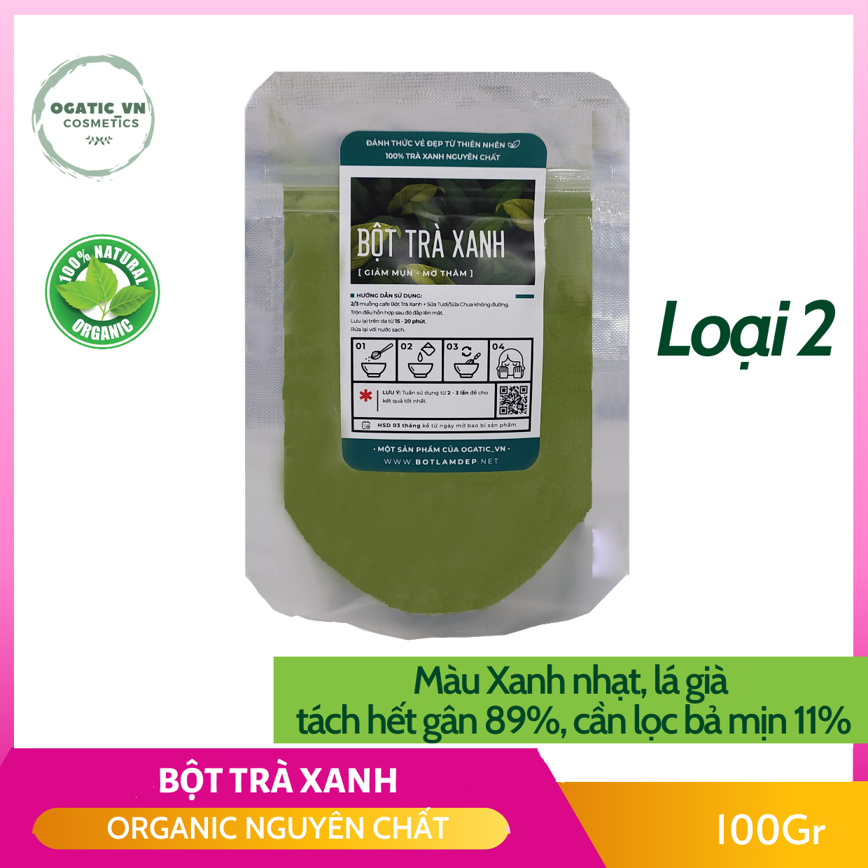 [HCM]Bột trà xanh nguyên chất Organic 100Gr – Giảm mụn mờ thâm nám – B002.005