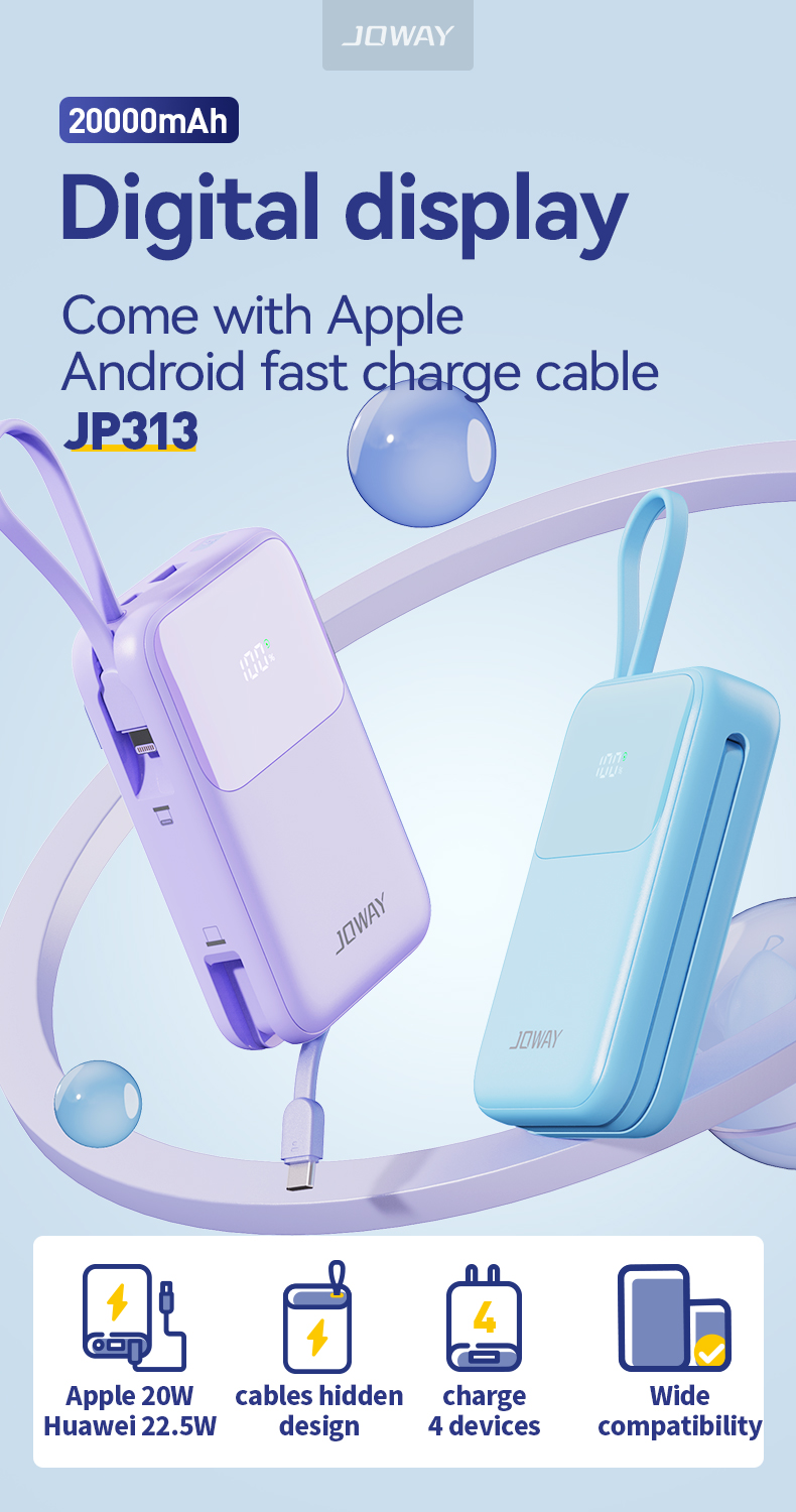 Pin dự phòng mini sạc nhanh 22.5W JOWAY JP313 20000mAh Màn hình kỹ thuật số Power Bank Tích hợp cáp