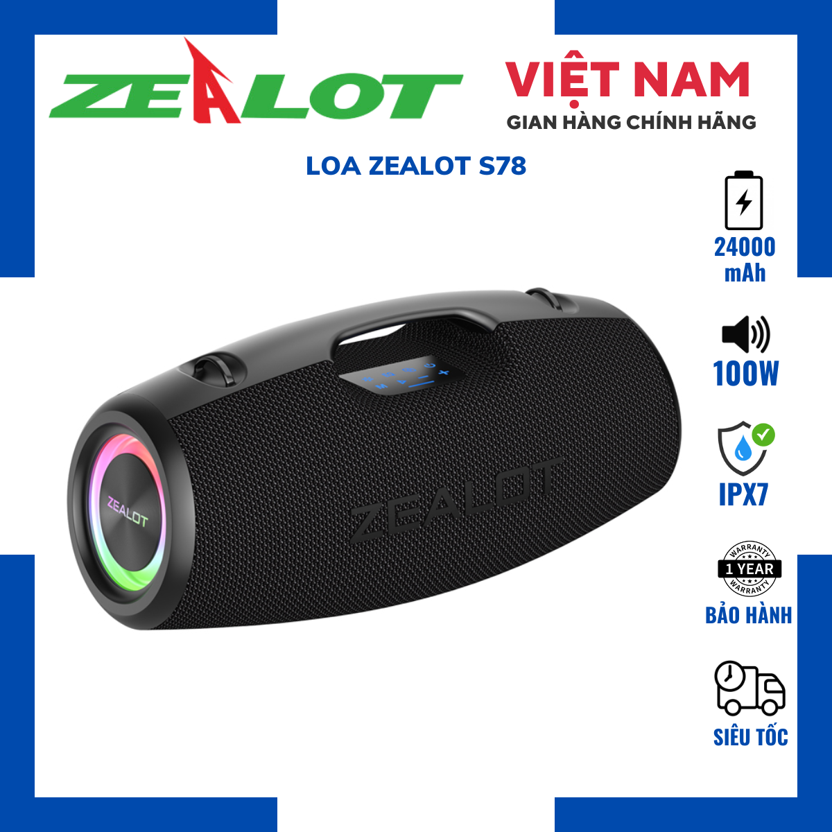 Loa Bluetooth Zealot S78| Loa Công suất 100W Bass Mạnh Pin Trâu 24000mAh Kháng nước- Chính hãng Bảo 