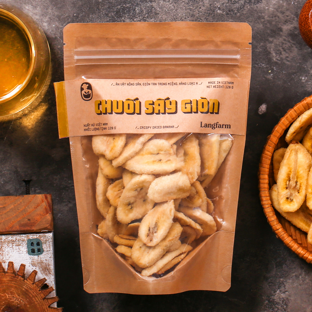 Chuối sấy giòn Langfarm 120g bịch mẫu kraft 1 mặt trong