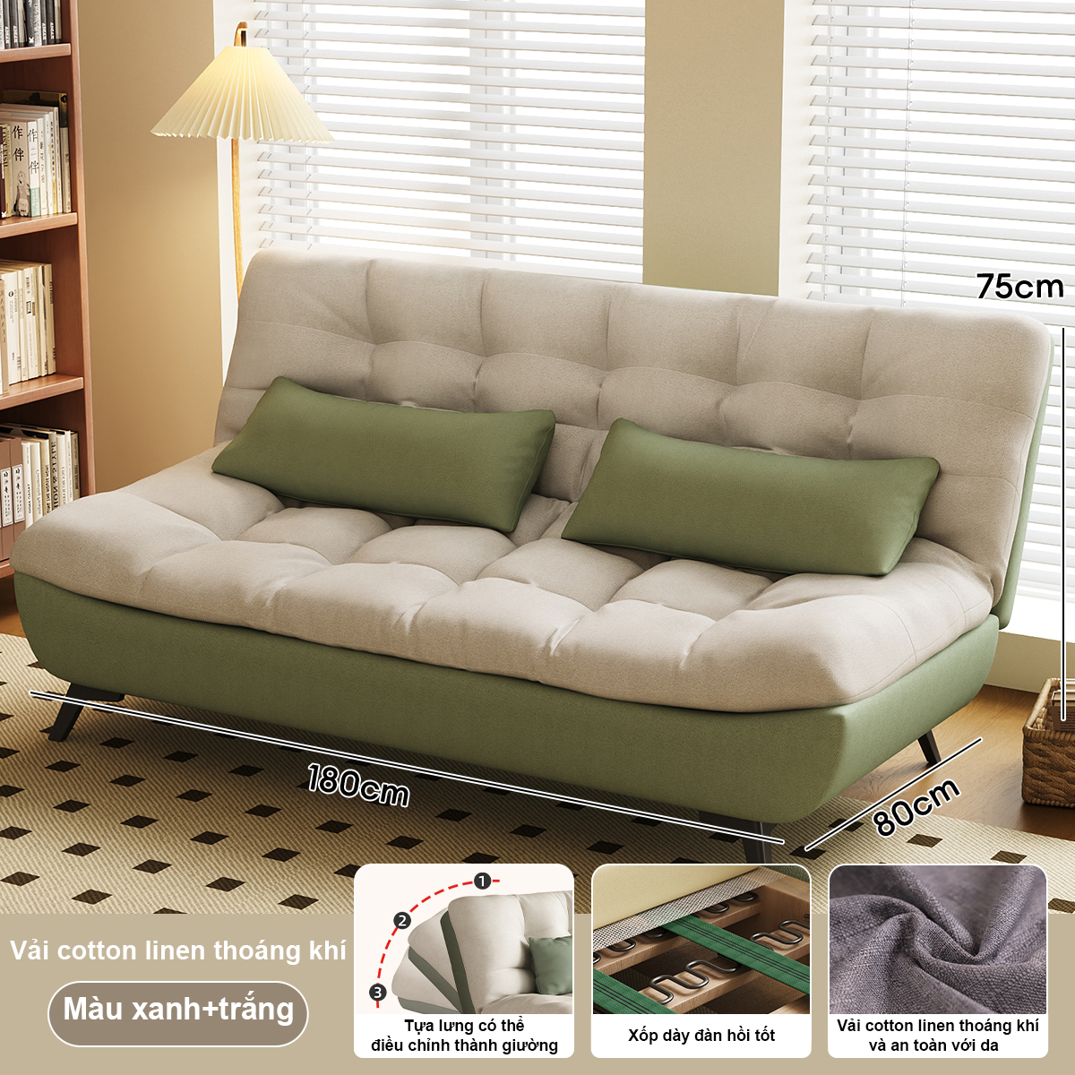 BMZAR Ghế Sofa Đôi Phòng Khách Kiểu Gấp 150cm Phong Cách Kem Đệm Bông Sữa 2025 Ghế Sofa Giường 3in1