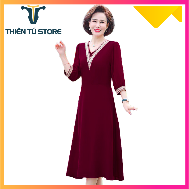 Váy đầm nữ trung niên sang trọng  váy voan trung niên tay lỡ váy đi tiệc trung niên kiểu suông dài qua gối  hàng chính hãng Thientustore Thi.01786  mẫu thiết kế mới không họa tiết cho tuổi trung niên mặc rất đẹp hiện đại
