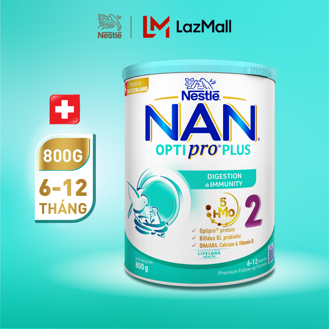 Sữa bột Nestlé NAN OPTIPRO PLUS 2 với 5HMO sản xuất tại Thụy Sĩ - Hộp 800g cho bé từ 6 - 12 tháng tuổi - Sữa công thức dinh dưỡng cho trẻ giúp hỗ trợ tiêu hóa đề kháng và phát triển toàn diện