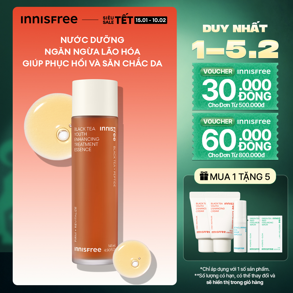 Nước dưỡng ngăn ngừa lão hóa từ trà đen INNISFREE Black tea Youth Enhancing Treatment Essence 145ml