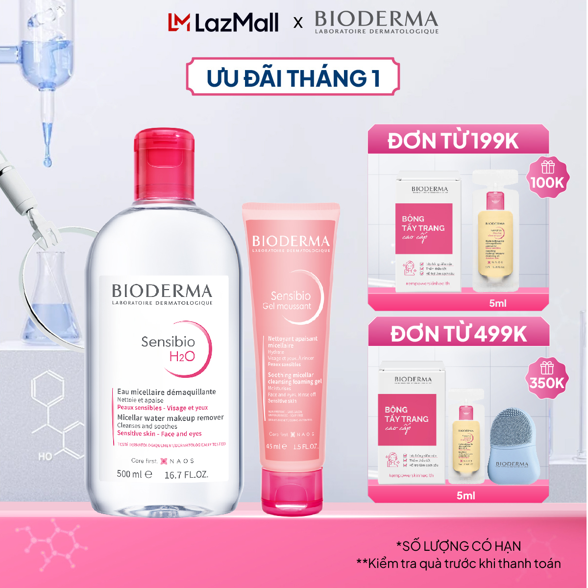 Bộ nước tẩy trang và làm sạch micellar cho da nhạy cảm Bioderma Sensibo H2O 500ml và gel rửa mặt tạo