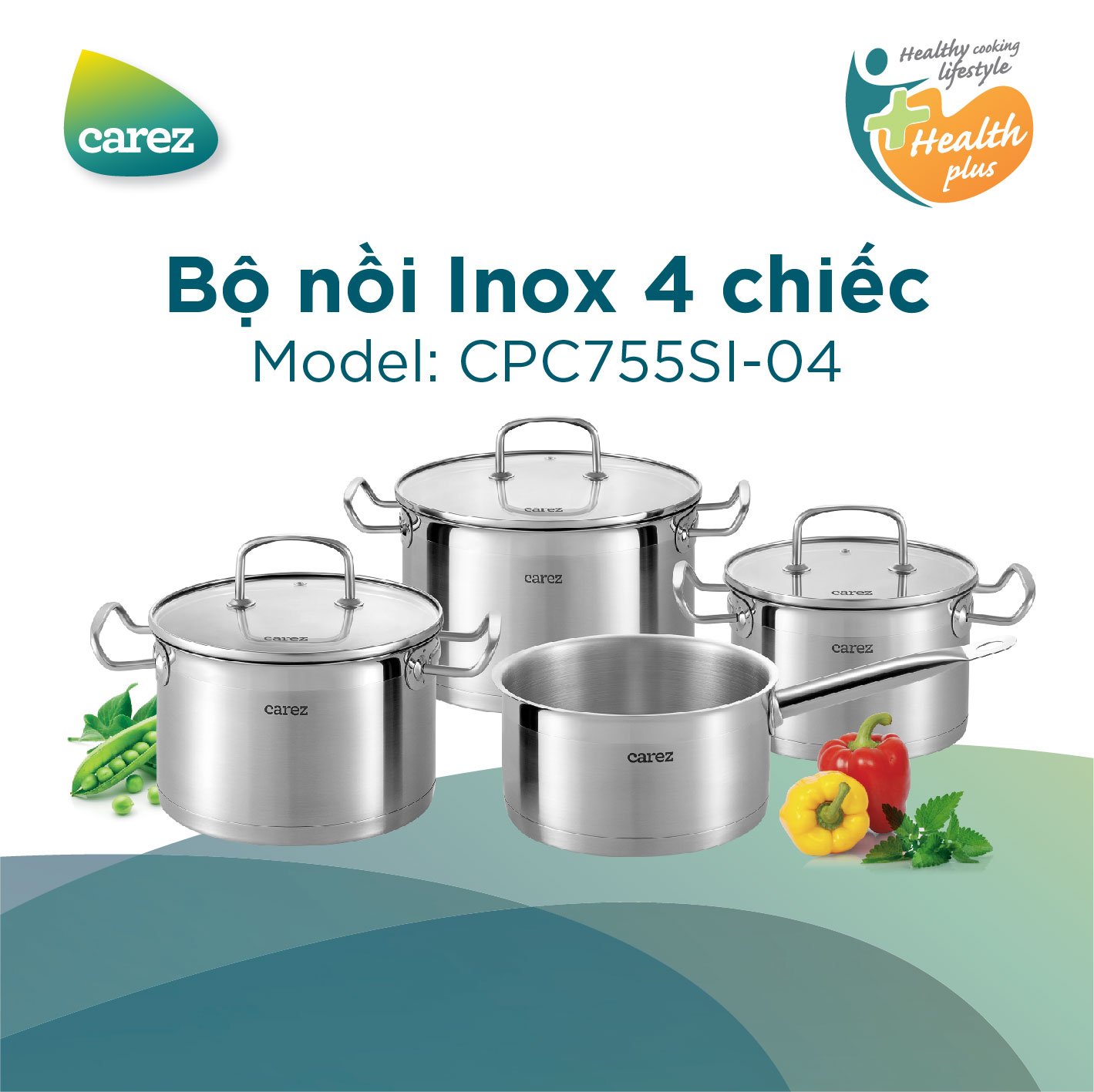 Bộ Nồi Cao Cấp Inox CAREZ CPC656SI-04 - Inox 304 - Đáy 3 lớp - Nắp kính cường lực - Không kén bếp - 