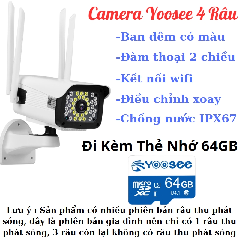 Camera Yoosee Ngoài Trời 4 Râu 48Led, Xoay, Ban Đêm Có Màu, Đàm Thoại 2 Chiều - Camera Ngoài Trời Yo