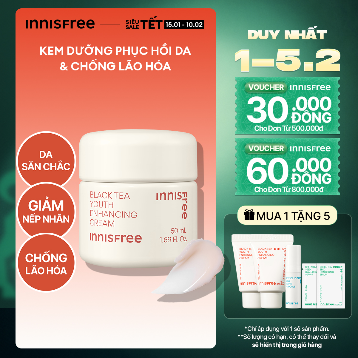 Kem dưỡng da ban đêm ngăn ngừa lão hóa từ trà đen INNISFREE Black Tea Enhancing Cream 50 mL