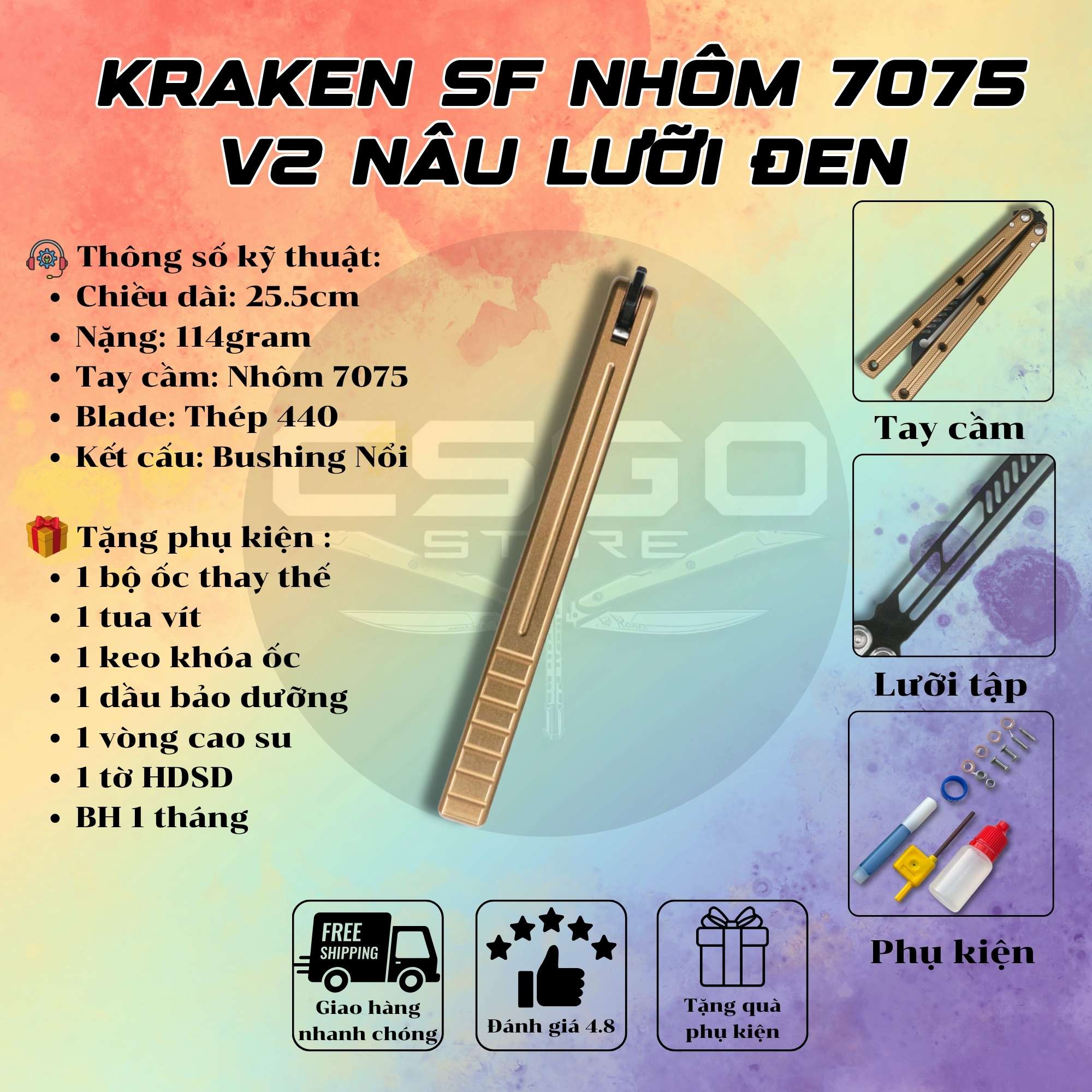 Kraken V3 SF Dụng cụ tập tay cán nhôm 6061 và túi đựng balisong tại Csgo Store