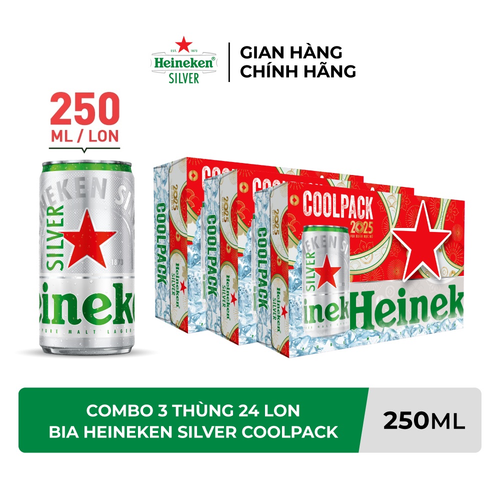 Combo 3 Thùng 24 lon bia Heineken Silver Coolpack 250ml/lon - Bao Bì Xuân