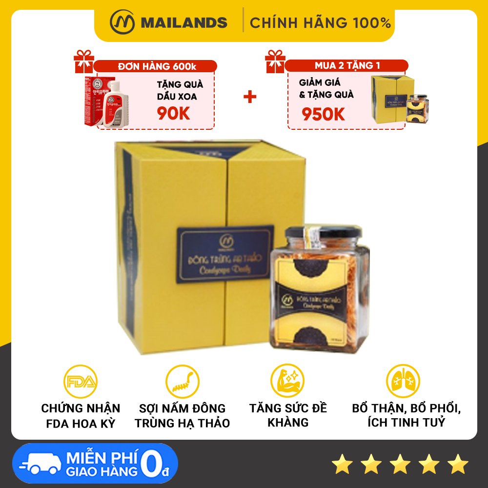[CHÍNH HÃNG]Đông trùng hạ thảo khô nuôi cấy Cordyceps Daily Mailands Việt Nam hộp 1 lọ x 15g Kogi Ginseng - Kháng viêm kháng virus cải thiện tuần hoàn máu phục hồi thận hư bổ phổi