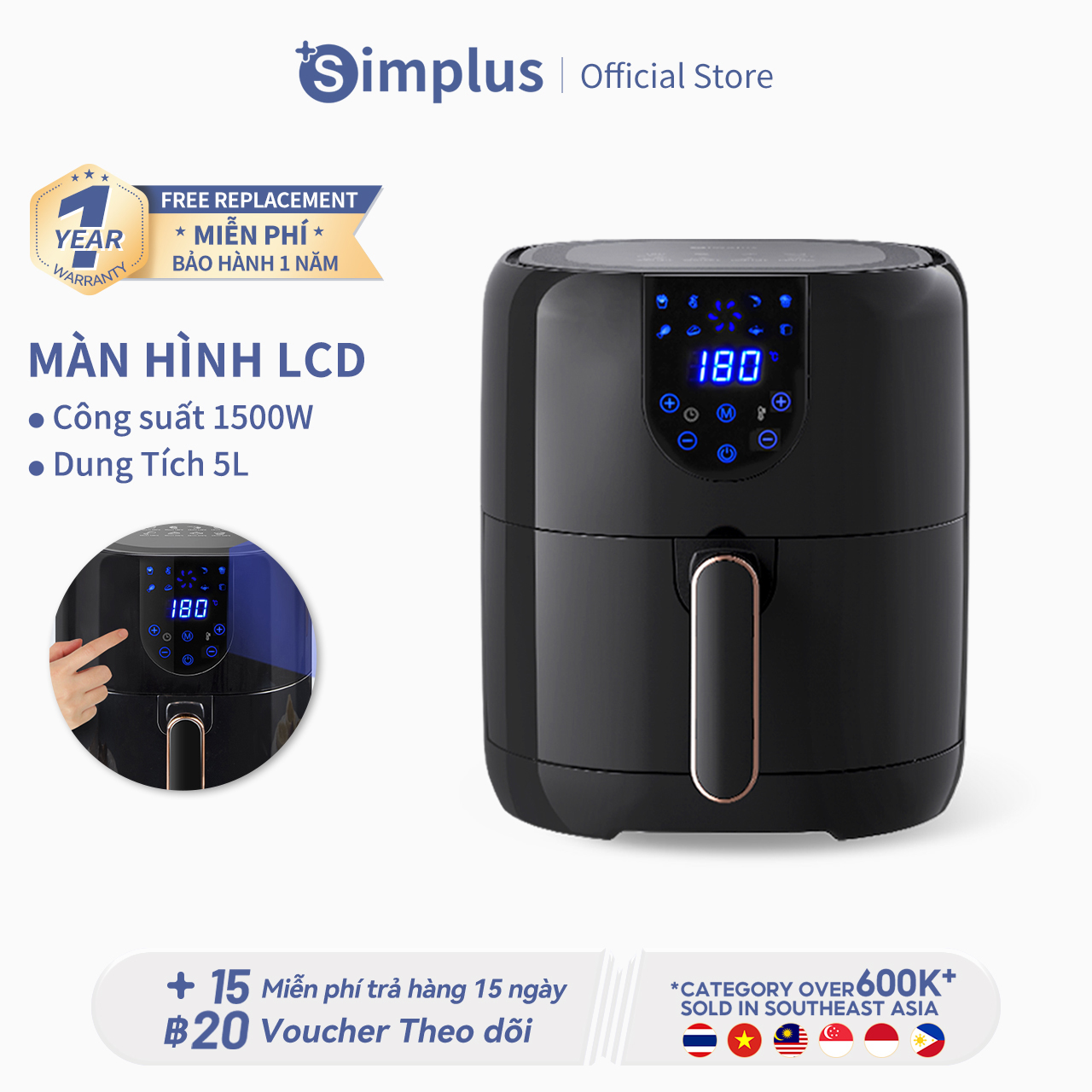 Nồi chiên không dầu công suất lớn màn hình điều kiển cảm ứng Simplus 5L  Phù hợp cho cả gia đình Nồi