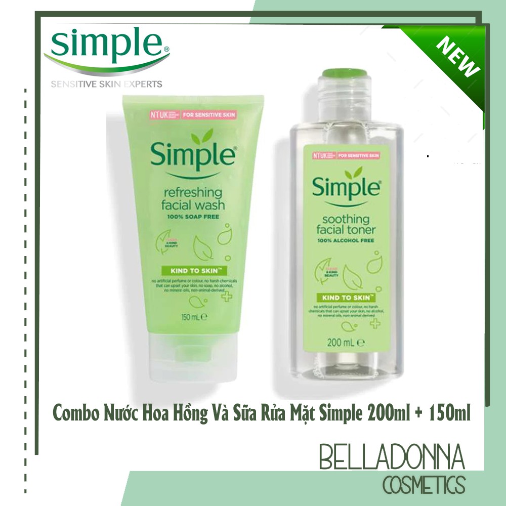 [Chuẩn Auth] Combo Nước Hoa Hồng Và Sữa Rửa Mặt Simple Dành Cho Da Nhạy Cảm 200Ml + 150Ml