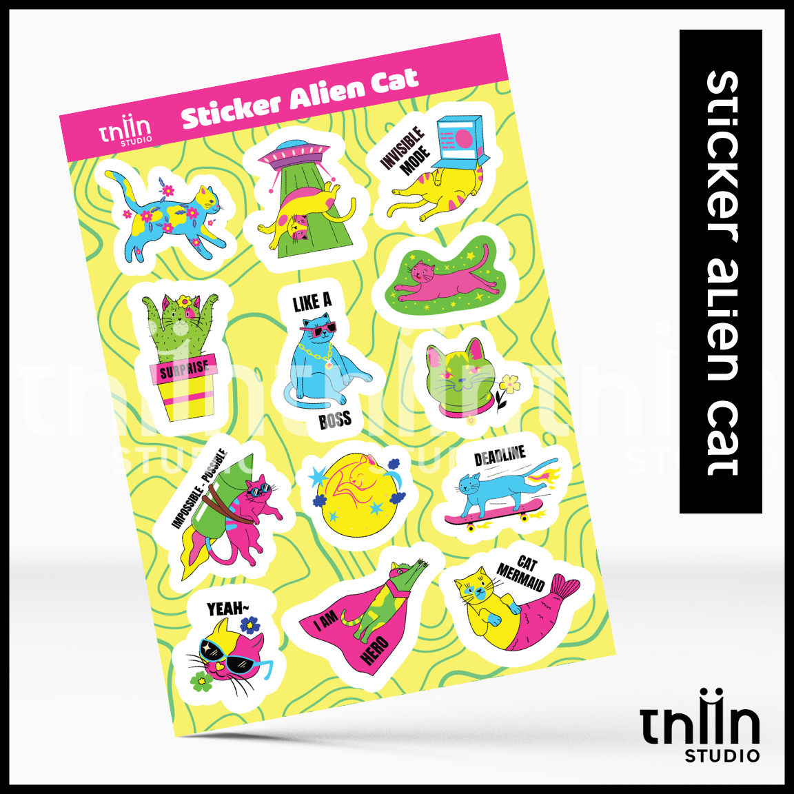 Sticker mèo vũ trụ hình dán Alien mèo meme THIIN STUDIO sticker cute trang trí sổ tay sổ planner bul