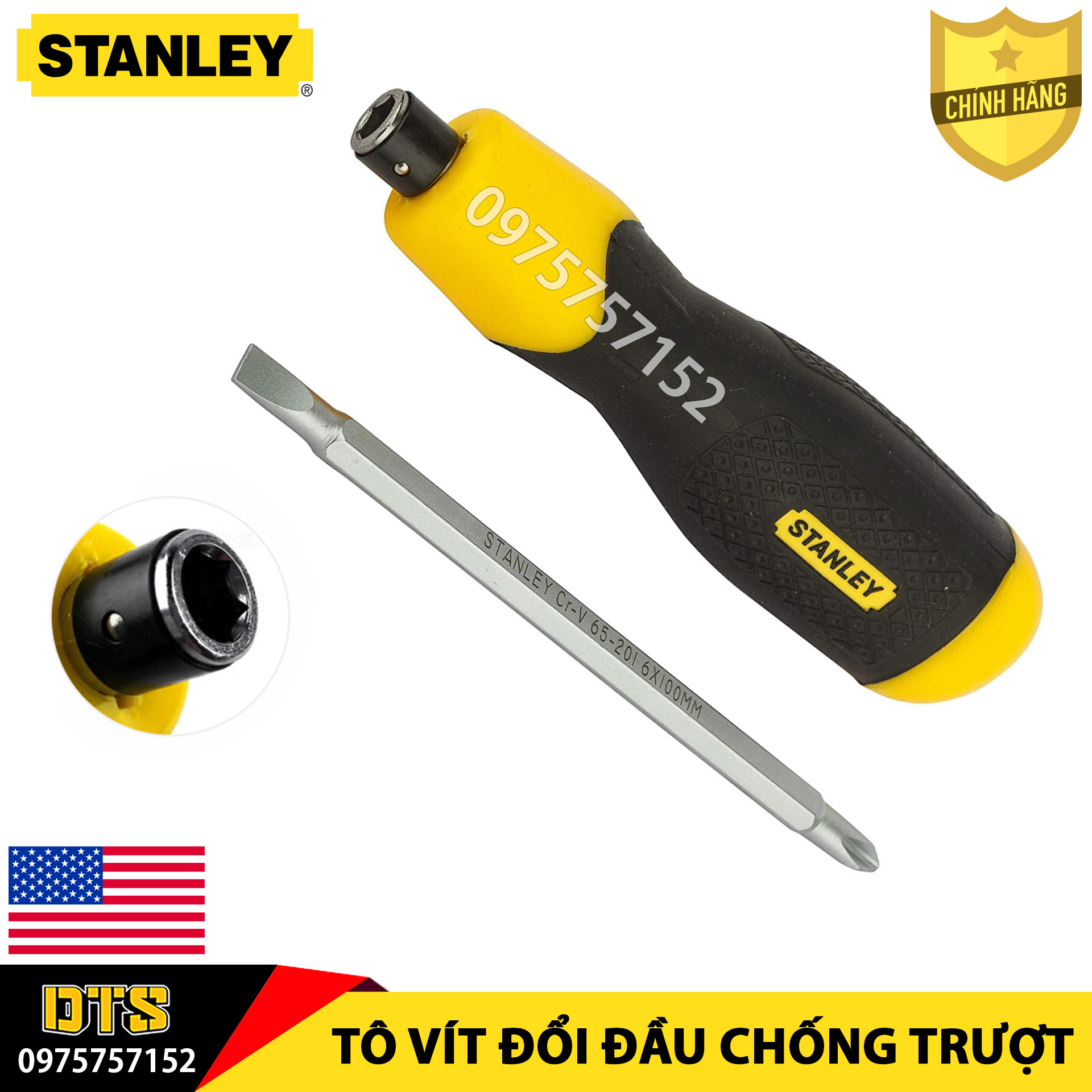 Tô vít 2 trong 1 đảo đầu có nam châm vĩnh cửu STANLEY Mỹ 6x100mm tua vít 2 đầu cao cấp thép Cr-V siê