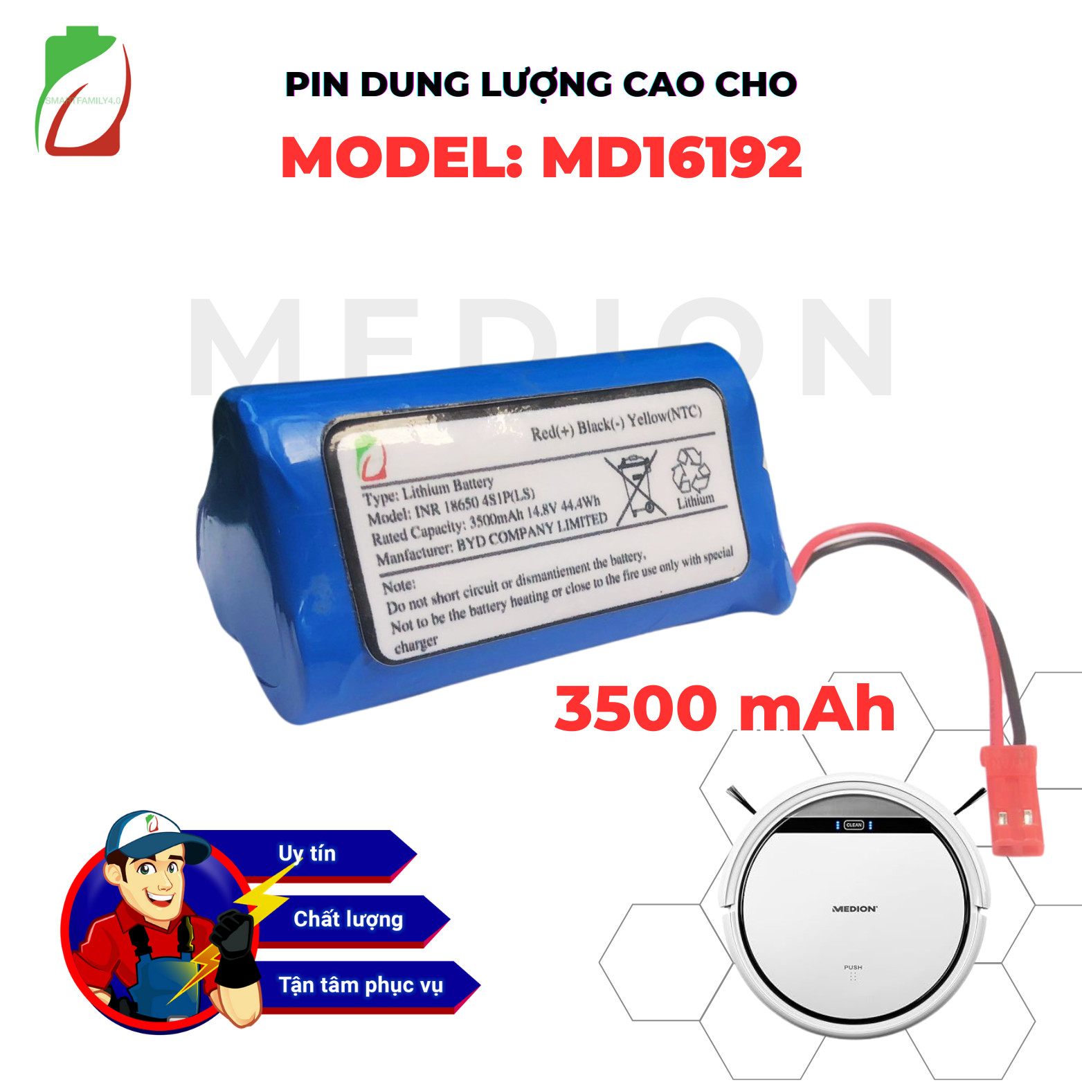 PIN LG 3500MAH CHÍNH HÃNG BẢO HÀNH 6 THÁNG CHO ROBOT HÚT BỤI MEDION MODEL: 16192/19511/19510/18501/1