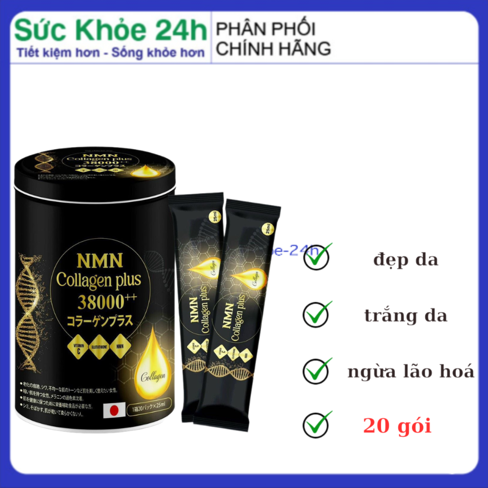 Nước uống NMN Collagen plus 38000 ++ giúp đẹp da trắng da chống lão hoá hộp 20 gói