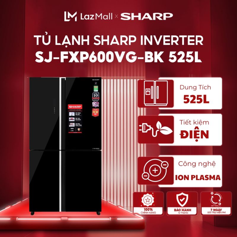 Tủ lạnh Sharp Inverter 525L SJ-FXP600VG-BK | Tủ lạnh Multi Door Sharp FXP600VG-BK ứng dụng công nghệ diệt khuẩn Plasmacluster ion (Chỉ giao tại HN)