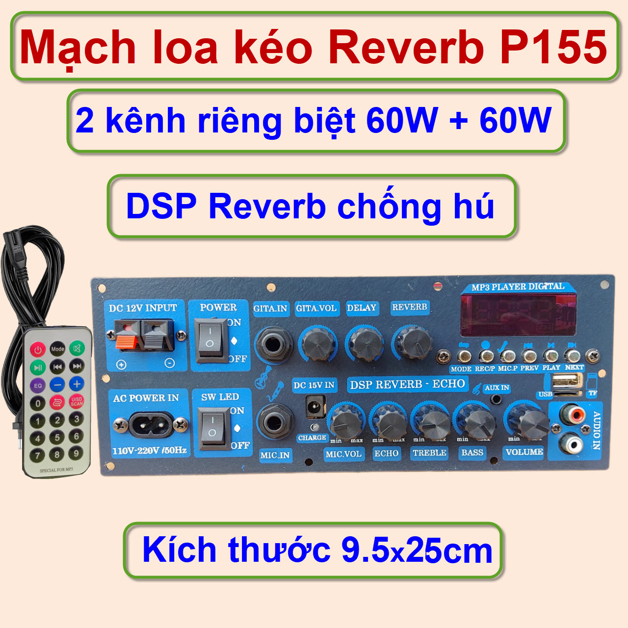 Mạch loa kéo Reverb P155 2 kênh riêng biệt 60W*2 có nguồn xung 220V