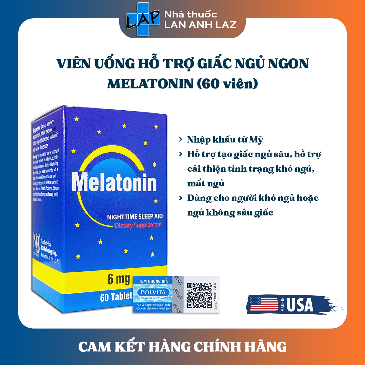 MELATONIN 6mg (60 viên) - Viên uống hỗ trợ tốt cho người mất ngủ.